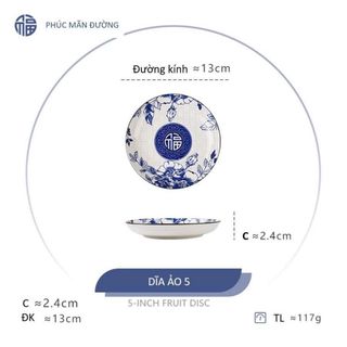 SET 10 ĐĨA SỨ ẢO HOA XANH CHỮ PHÚC 13CM