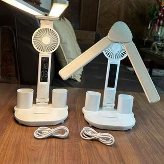 Đèn Học Để Bàn 3in1 Thông Minh, Đèn LED Bảo Vệ Mắt, Quạt Tích Điện và Giá Đỡ Bút.