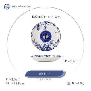 SET 10 ĐĨA SỨ ẢO HOA XANH CHỮ PHÚC 18CM