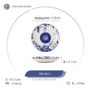 SET 10 ĐĨA SỨ ẢO HOA XANH CHỮ PHÚC 15CM
