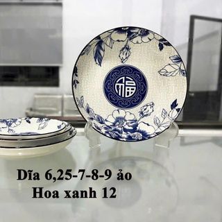 SET 10 ĐĨA SỨ ẢO HOA XANH CHỮ PHÚC 15CM