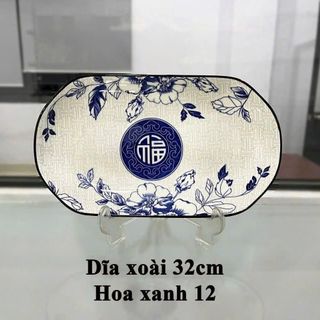 ĐĨA SỨ XOÀI HOA XANH CHỮ PHÚC 32CM