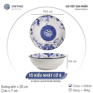 TÔ SỨ KHÔNG HOA XANH CHỮ PHÚC 19cm