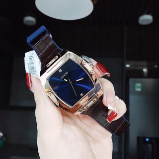 ĐỒNG HỒ NAM CAO CẤP GUECC DÂY CAO SU BỌC DA NÂU MẶT TRƠN FULLBOX