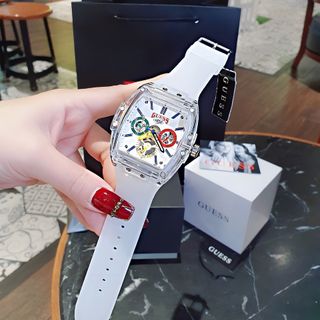 ĐỒNG HỒ NAM CAO CẤP GUECC MẶT CHỮ NHẬT CHONOGRAP DÂY SILICONE XANH VÀ TRẮNG