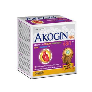 Viên uống bổ não Akogin 480 Plus giúp tăng cường tuần hoàn máu não, giảm triệu chứng thiểu năng tuần hoàn não hộp 100 viên