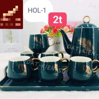 Bộ Bình 6 Cốc sứ Khay LongZin HOL Xanh (THÙNG 10B)