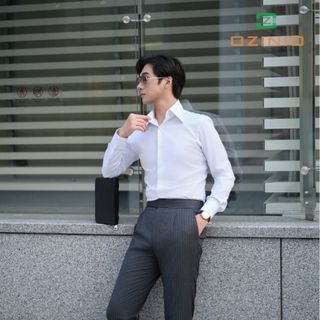 Quần âu nam cạp cao D-ring ,màu xám ,họa tiết kẻ sọc