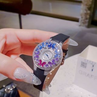 ĐỒNG HỒ NỮ SIÊU CẤP GRAF MẶT FULL HỘT XOÀN NHÂN TẠO  DÂY DA ĐEN