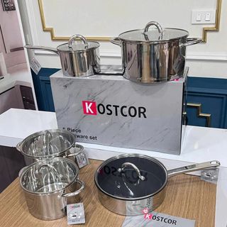 Bộ nồi 5 món KOSTCOR đúc nguyên khối inox chống rỉ. dùng mọi loại bếp, nắp vung cường lực