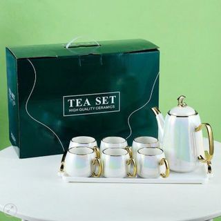 Bộ Bình 6 Cốc sứ Nắp Cá Heo Quai Viền Vàng (THÙNG 8B)