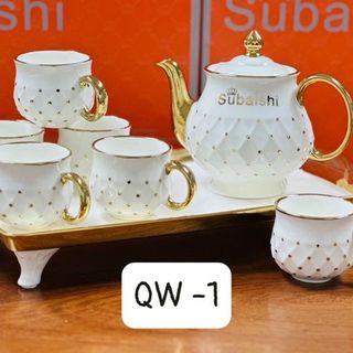 Bộ bình 6 Cốc Khay Cao Sọc Trắng Chấm Vàng CC QW-1 (THÙNG 8B)