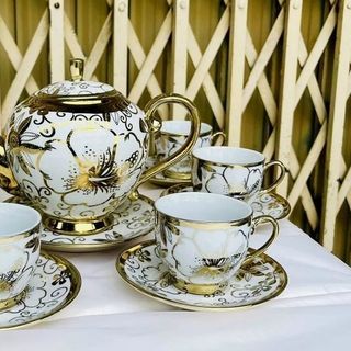 BỘ BÌNH TRÀ 6 LY HOA VĂN NHỦ VÀNG HOÀNG GIA