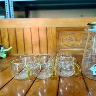 Bộ Bình 6 Cốc Thủy Tinh Trắng Quai Vàng ( THÙNG 8B )