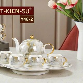 Bộ Bình 6 Cốc Trắng Khay Tròn Vân Đá Y48-2 (THÙNG 12B)