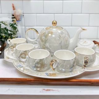 Bộ Bình 6 Cốc Trắng Khay Tròn Vân Đá Y48-2 (THÙNG 12B)
