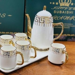 Bộ Bình 6 Cốc Khay Sứ Chữ Trắng CC AD-1 ( THÙNG 8B)