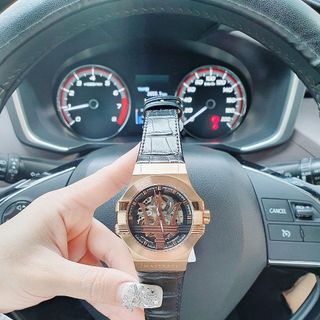 ĐỒNG HỒ NAM CƠ SIÊU CẤP MASERATY DÂY DA  ĐEN VIỀN THÉP FULLBOX