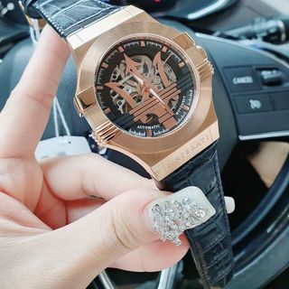 ĐỒNG HỒ NAM CƠ SIÊU CẤP MASERATY DÂY DA  ĐEN VIỀN THÉP FULLBOX