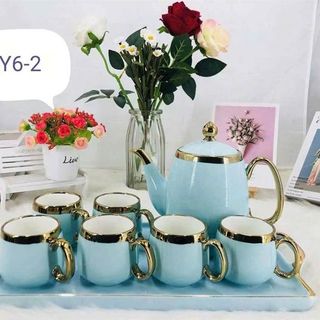 Bộ Ấm Chén Xanh Chỉ Vàng Kèm Khay Y6-2 (THÙNG 10B)
