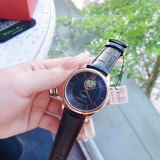ĐỒNG HỒ NAM SIÊU CẤP TIXOT ĐẸP NHƯ HÃNG DÂY DA KÍNH SAPHIRE LỘ MÁY AUTOMATIC MẶT ĐEN VIỀN ĐỒNG