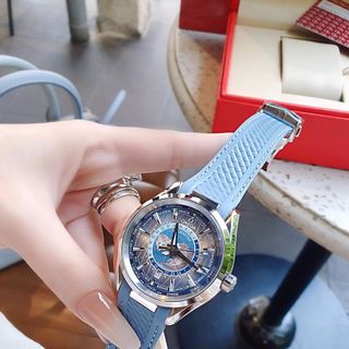 ĐỒNG HỒ NAM CAO CẤP ÔMÊGHA MÁY CƠ LỘ ĐÁY MẶT XANH NHẠT DÂY THÉP VÀ CAO SU