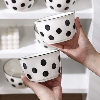 BỘ 9 CHI TIẾT SET Bát, Bát 2 tai, Bộ Bát Viền Đen Chấm Bi, A-003 (THÙNG 10B)