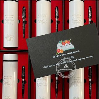 Bộ quà tặng ( Bình giữ nhiệt + bút ký kim loại ) in tên thầy cô giáo