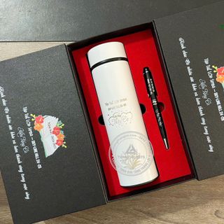 Bộ quà tặng ( Bình giữ nhiệt + bút ký kim loại ) in tên thầy cô giáo