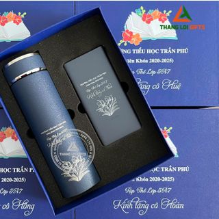 Bộ quà tặng màu đen ( Sổ tay da + Bút kim loại + Ly giữ nhiệt ) in nội dung tri ân thầy cô