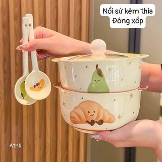 Âu, Nồi Sứ Hoa Quả, Bánh Có Nắp kèm Thìa (THÙNG 40C)