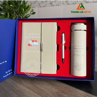 Bộ quà ( Bình giữ nhiệt + bút kim loại + Sổ tay da ) in nội dung tri ân thầy cô