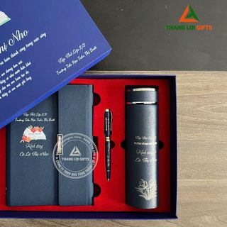 Bộ quà ( Bình giữ nhiệt + bút kim loại + Sổ tay da ) in nội dung tri ân thầy cô