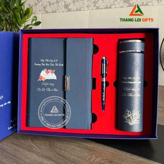 Bộ quà ( Bình giữ nhiệt + bút kim loại + Sổ tay da ) in nội dung tri ân thầy cô