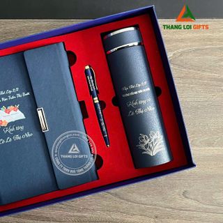 Bộ quà ( Bình giữ nhiệt + bút kim loại + Sổ tay da ) in nội dung tri ân thầy cô