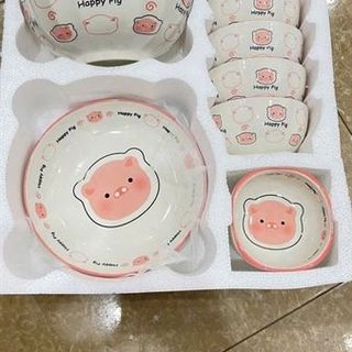Bộ 9 Chi Tiết Set Bát, Tô , Đĩa Happy Pig (THÙNG 10B)