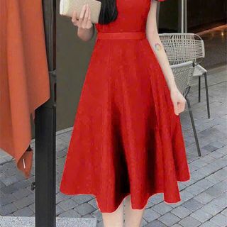 Đầm xòe trễ vai phối lụa sang trọng hàng cao cấp