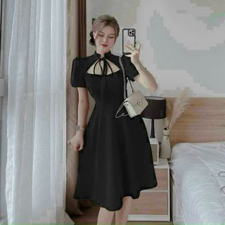 Đầm nữ xòe nơ cổ hàng thiết kế  sang trọng