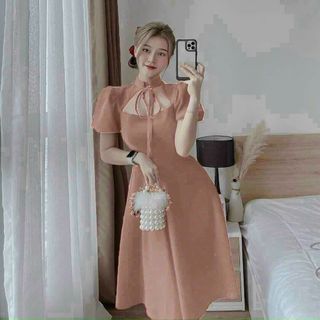 Đầm nữ xòe nơ cổ hàng thiết kế  sang trọng