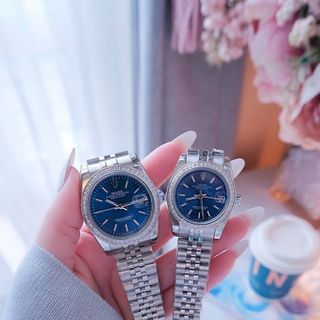 ĐỒNG HỒ NAM NỮ CAO CẤP RÔLET DÂY THÉP BẠC MẶT XANH VIỀN HỘT