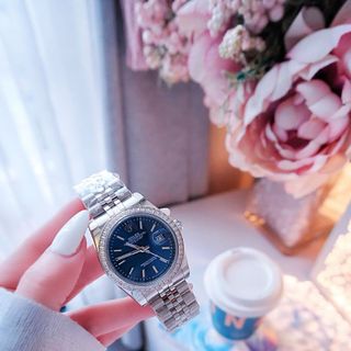 ĐỒNG HỒ NAM NỮ CAO CẤP RÔLET DÂY THÉP BẠC MẶT XANH VIỀN HỘT