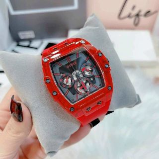 ĐỒNG HỒ NAM NỮ CAO CẤP GUECC MẶT CN CHONOGRAP NIỀNG NHỰA TRONG SUỐT ĐỎ FULLBOX