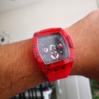 ĐỒNG HỒ NAM NỮ CAO CẤP GUECC MẶT CN CHONOGRAP NIỀNG NHỰA TRONG SUỐT ĐỎ FULLBOX