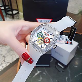 ĐỒNG HỒ NAM NỮ CAO CẤP GUECC MẶT CHỮ NHẬT CHONOGRAP NIỀNG NHỰA TRẮNG