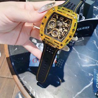 ĐỒNG HỒ NAM NỮ CAO CẤP GUECC CHỮ NHẬT NIỀNG NHỰA TRONG SUỐT MÀU VÀNG