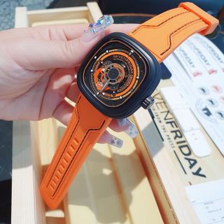 ĐỒNG HỒ NAM SIÊU CẤP SEVEN PRIDAY MÁY CƠ MẶT VUÔNG NÂU CAM TẶNG KÈM DÂY FULLBOX