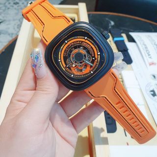 ĐỒNG HỒ NAM SIÊU CẤP SEVEN PRIDAY MÁY CƠ MẶT VUÔNG NÂU CAM TẶNG KÈM DÂY FULLBOX