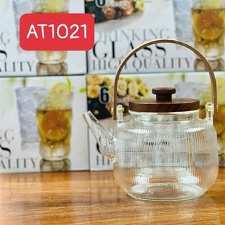 Ấm Trà - Ca Thuỷ Tinh Sọc Nắp Gỗ AT1021 (THÙNG 36C)