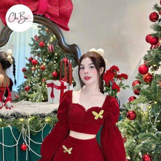 Sét đầm đỏ noel chất nhung kèm phụ kiện