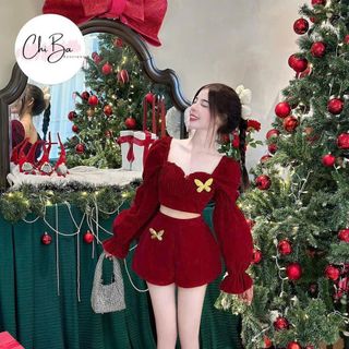Sét đầm đỏ noel chất nhung kèm phụ kiện